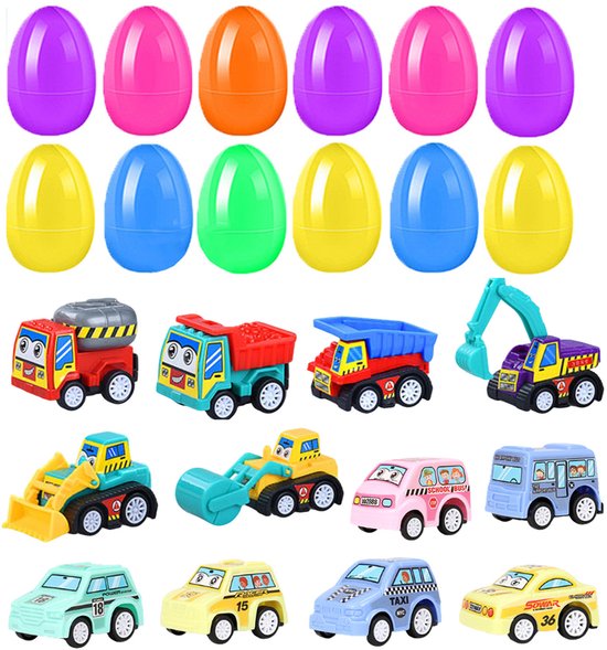 Easter Basket Stuffers - 12 stuks Voorgevulde Paaseieren Met Speelgoed - Terugtrekauto Paaseieren Gevuld Voor Eierenjacht, Paasmandvullers Voor Kinderen, Paasfeest Cadeaus Voor Jongens En Meisjes van Merkloos