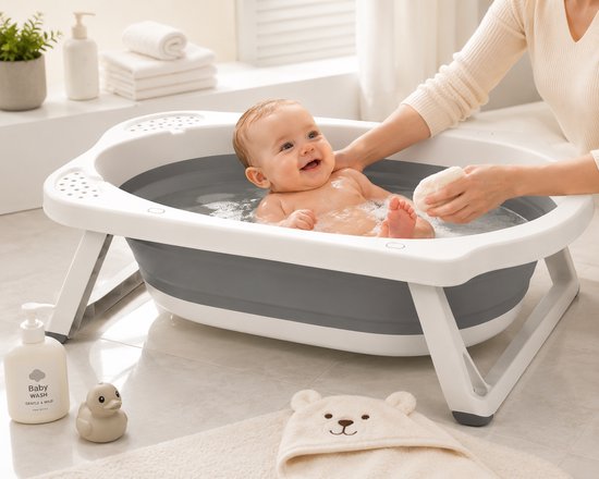 EasyMart Luxe Opvouwbaar Babybadje 80x46x23 cm – Inklapbaar Babybad met Antislip Bodem & Waterafvoer – Compact Opvouwbaar Ligbad voor Baby’s & Peuters – Veilig PP/TPE Baby Bath – 33L – Grijs/Wit