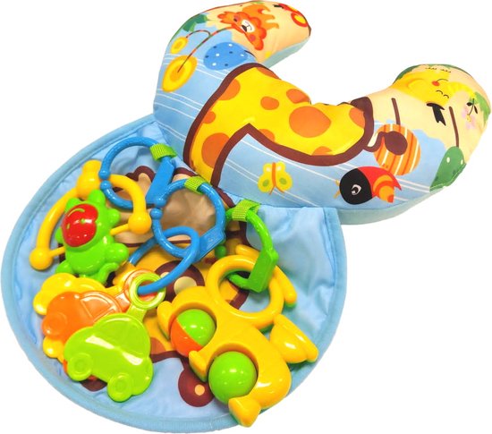 Eco Toys - Jungle Blauw Giraffe Buiktrainer - Met 3 Rammelaartjes en Knisperspeeltje - Kleur en Model Speeltjes Kunnen Variëren - Geschikt vanaf 0 Maanden