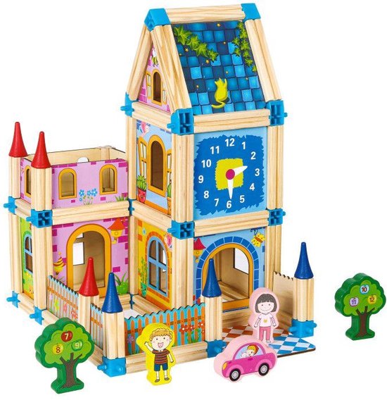Ecotoys 128-delige houten constructie blokken voor het bouwen van een 6 in 1 toren - Montessori speelgoed - Houten speelgoed - Vanaf 36 maanden van Ecotoys