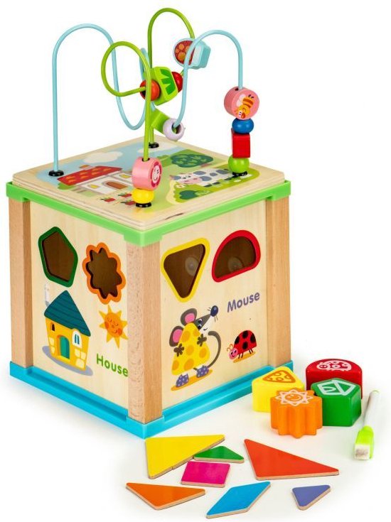 Ecotoys duurzame houten educatieve activiteiten kubus - Met bord om te schrijven - Educatief speelgoed - Montessori speelgoed - 18 x 18 x 33 cm van Ecotoys