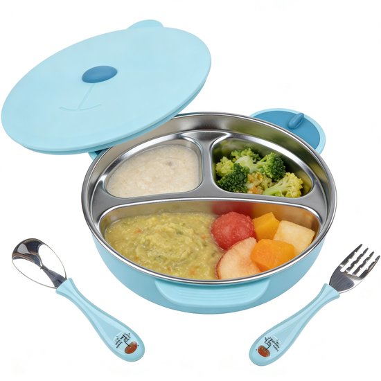 ECTEATOY® RVS Baby Bord met Zuignap, Deksel en Lepel - Roestvrijstalen Kinderbord voor Peuters - Antislip Voedingskom - BPA-vrij