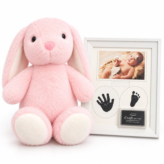Eddy Toys Knuffelkonijn 25 cm met Fotolijst – Baby Hand- en Voetafdruk – Kraamcadeau – Roze