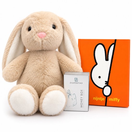 Eddy Toys Knuffelkonijn 25 cm met Nijntje Bestekset en Zilverstad Spaarpot – Baby Cadeauset – Kraamcadeau – Beige