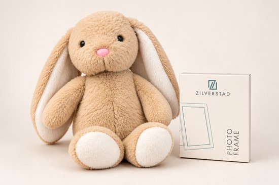 Eddy Toys Knuffelkonijn Beige 25 cm met Zilverstad Fotolijst – Baby Cadeauset – Kraamcadeau