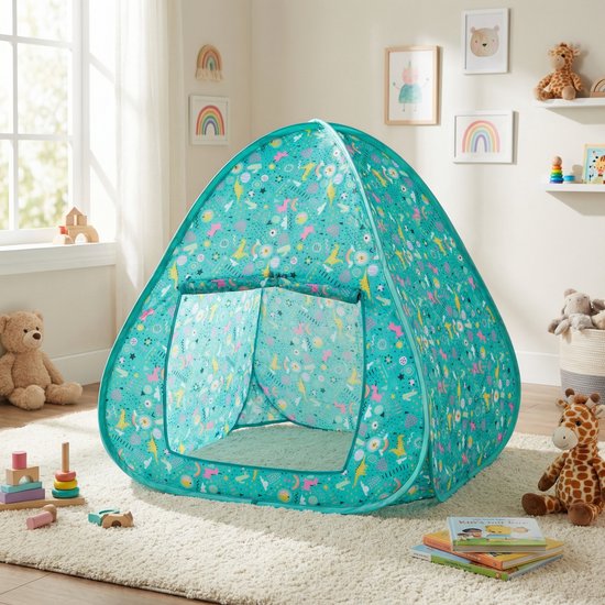 Eddy Toys Pop-up Speeltent - Eenvoudige en Snelle Montage - Geschikt Voor Binnen en Buiten Gebruik - Vrolijk Kleurrijk Design - Gemaakt van Polyester - Afmetingen 95x70x78 cm - Kleur Turquoise