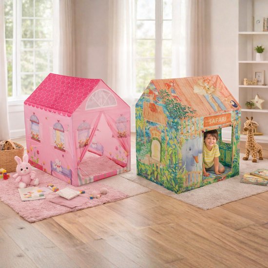 Eddy Toys Speeltent Speelhuisje - Prinsessen of Safari Print - Gemaakt van Polyester Materiaal - Geschikt voor Kinderen van 3 tot 8 Jaar - Afmetingen 95x72x102 cm - Kleur Roze of Oranje