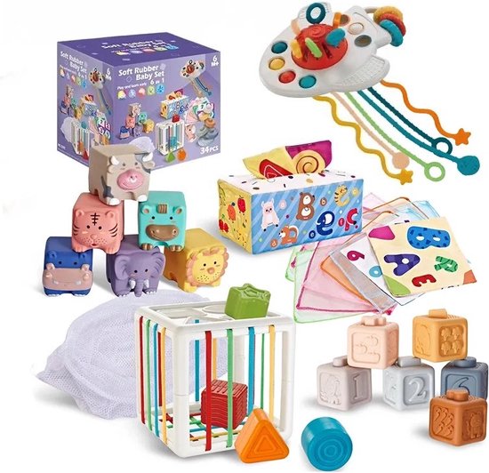 Educatief Baby Speelgoed 6 Maanden - speelgoed 1 jaar - XXL box - 6-in-1 box - Montessori Educatief Speelgoed - 33 psc - Zachte Blokken - Vormen Sorteer Kubus - Trekkoord Speeltje - Educatieve Doekjes - Tissue box - inclusief Opbergtas van Merkloos