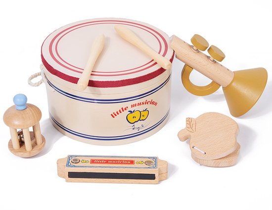 Educatief muzikaal speelgoed voor jonge kinderen: houten percussie-instrumenten (trommels, castagnetten) en mondharmonica's — Montessori-educatief speelgoed voor kinderen