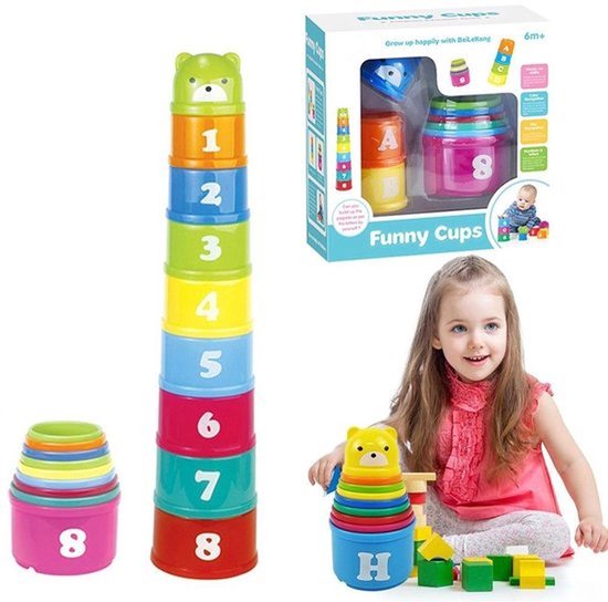 Educatieve stapelbekers voor kinderen – 8-delige kleurrijke stapeltoren met cijfers en letters – Montessori leer- en badspeelgoed – Kleur: willekeurig geleverd – Voor baby’s en peuters, binnen, buiten, strand en badtijd van Merkloos