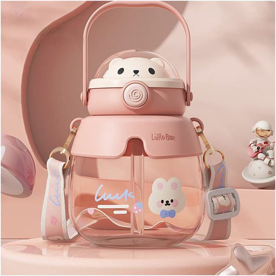 Een 850ml/28oz modieuze draagbare drinkbeker met rietje, schattige cartoon teddybeer plastic drinkbeker met een grote buik - voor scholen - kinderuitstapjes - voor kamperen en reizen - roze kleur van Mecor
