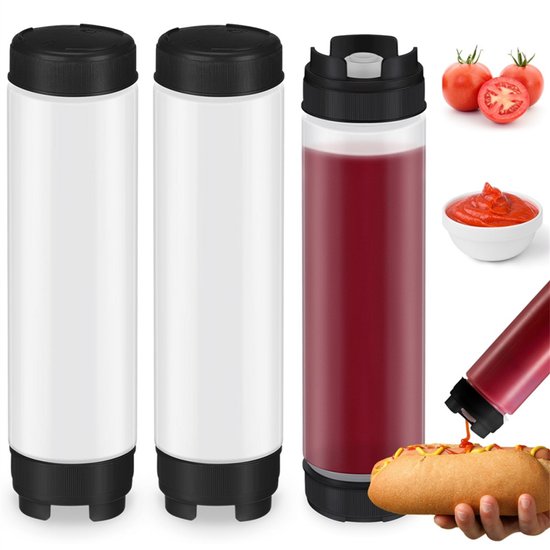 Een set van drie omgekeerde plastic flesjes van 400 ml voor softijscondimenten.