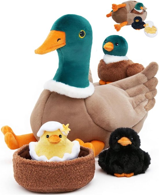Eend knuffeldier set - Pluche dieren - Kinderkamer decoratie - Vijf stuks met baby's