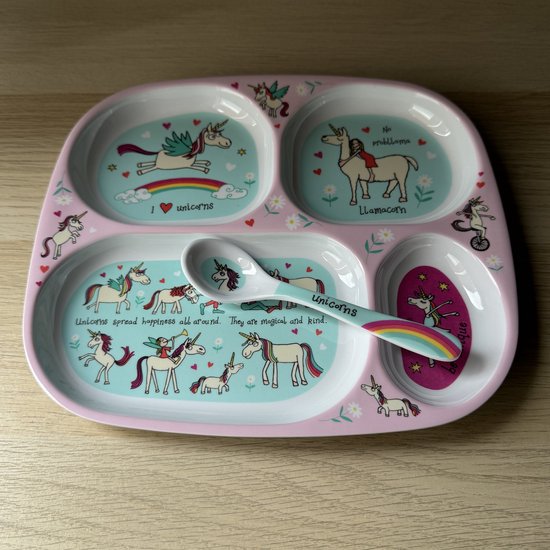 Eenhoorn kinder melamine servies (vakjesbord met lepel) - Tyrrell Katz van Tyrrell Katz