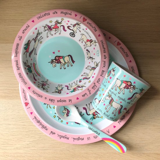 Eenhoorn kinder servies set melamine (bord + kom + bekertje + lepel) - Tyrrell Katz van Tyrrell Katz
