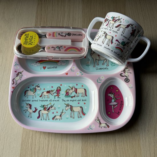 Eenhoorn kinder servies set melamine vakjesbord + trainingsbeker + bestek - Tyrrell Katz van Tyrrell Katz