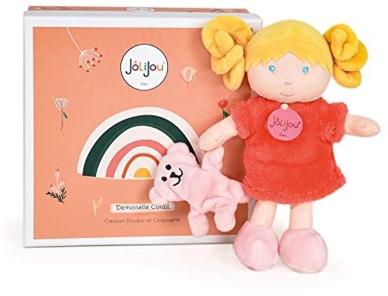 Eerste Pop Met Knuffelbeer - 21 cm - Koraal Kleur - Cadeau Voor Geboorte Meisje van Calinou