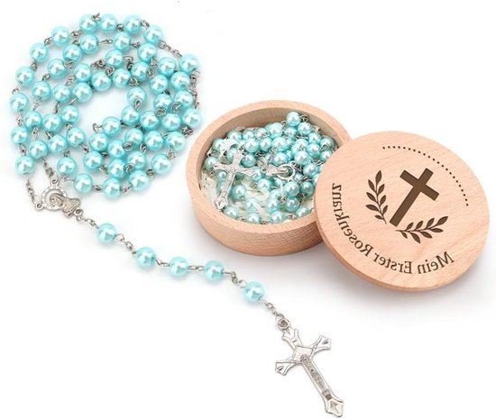 Eerste Rozenkrans met Opbergdoos - Perfect voor Doop en Babyshower Geschenken voor Jongens en Meisjes | Katholieke Heilige Eerste Communie Rozenkrans met Parelketting