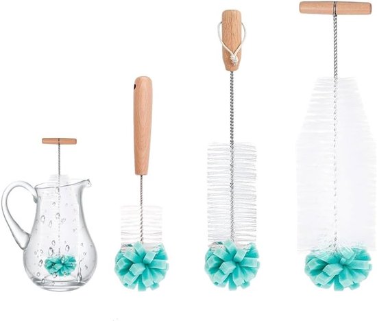 Effectieve Flessenborstel van 35 cm voor Glazen Flessen, Set van 3, Krasvrije Reinigingsborstels met Witte Haren en Groene Spons, Ideaal voor SodaStream en Andere Flessen