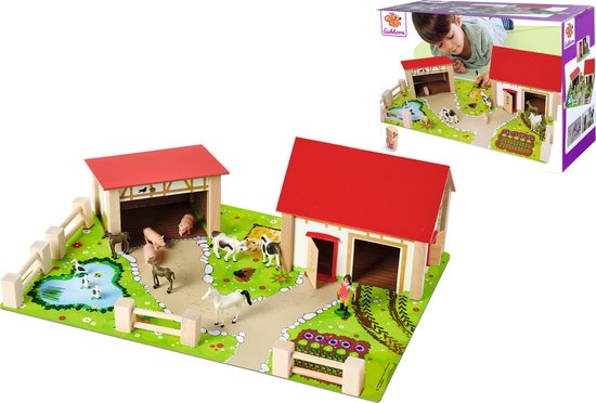 Eichhorn - houten boerderij - 2 gebouwen, speelgrond, figuren, dieren, hekken, 20 stuks, 36x51cm, beukenhout, vanaf 3 jaar van Eichhorn