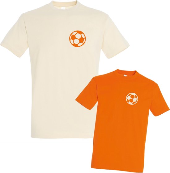 EK shirts voor Vader en Kind-Beige-Oranje-met voetbal-Heren L-Kind 98 van Foutjepik.