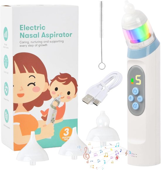 Electric Nasal Aspirator voor Baby's - 5 Suction Levels - Nasal Cleaner met Muziek en Licht Functie - 3 Silicone Tips voor Nieuwborenen en Peuters