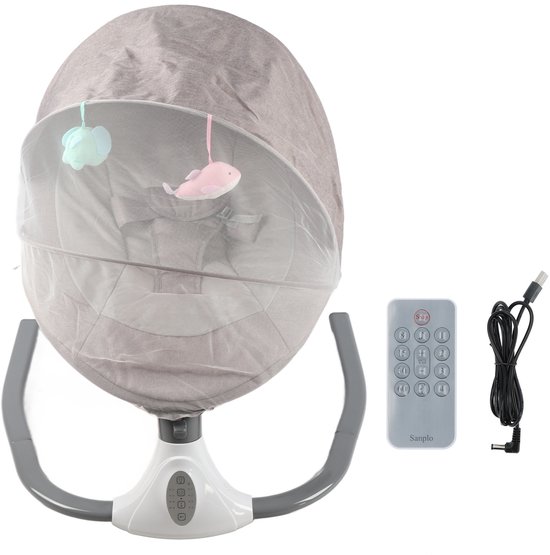 Elektrische Baby Schommelstoel met Bluetooth & Muziek – Baby Wiegstoel met Afstandsbediening & Klamboe – Opvouwbare Babystoel 0-24m – Babyschommel- Baby Swing- USB Aansluiting –4 Schommelsnelheden–Grijs van Merkloos