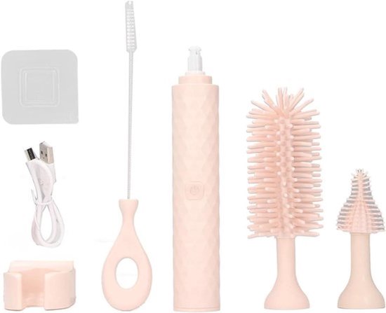 Elektrische babyflesborstel reinigingsset - Roterende siliconen haren - 2 snelheden - Fopspeen- en flessenborstel - Automatische borstel voor melkflesjes - Stompe rietjes - Geschikt voor babyflessen - Blauw met wit design