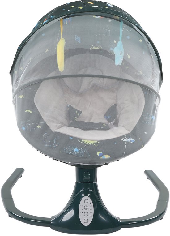 Elektrische Babyschommel 0-18 Maanden – Donkergroen – Bluetooth – 4 Schommelsnelheden & 4 Timerstanden – Opvouwbaar – Inclusief Afstandsbediening, Klamboe en Muziekfunctie