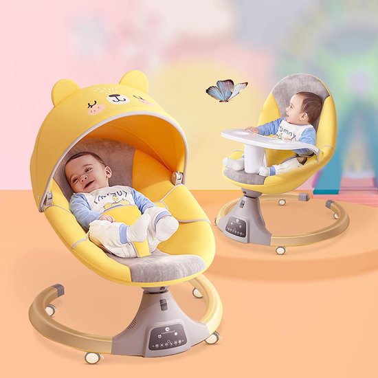 Elektrische Babyschommel met Afstandsbediening – Wipstoel- 4 Schommelstanden & Zitposities – Bluetooth – Inclusief Eetplateau – Voor Baby’s 0-24 Maanden van Merkloos