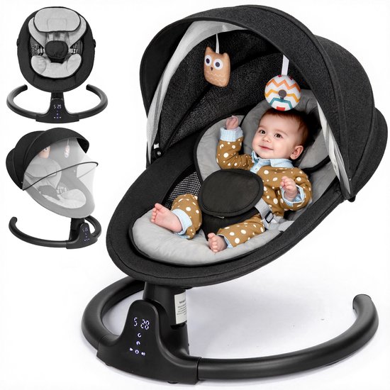 Elektrische Babyschommel voor Peuters – Bluetooth Muziek Wipstoel met 5 Schommelstanden, 3 Timerinstellingen, Afneembaar Kussen, Zwart