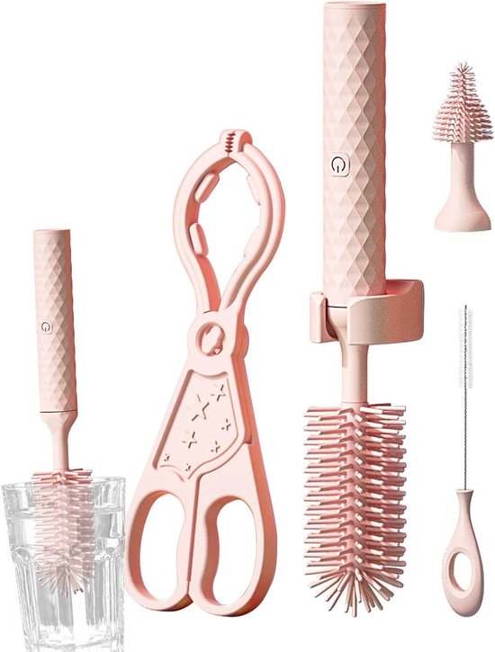 Elektrische Flessenreiniger - Flessenborstel - Babyvoeding Reinigen - Waterdichte Siliconen Borstelkop - 25.6 cm Lengte - Roze