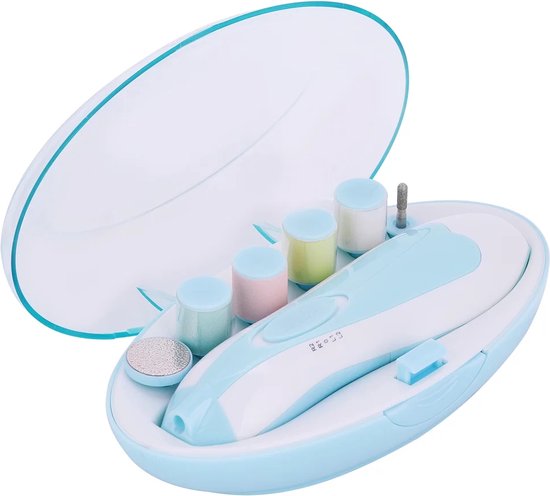 Elektrische Nagelvijl - 6 in 1 Elektrische Nagelvijl - Blauw - Baby Nagelvijl met LED-licht - Ook Voor Volwassenen - Veilig en Zacht voor Baby's - Inclusief 6 Diverse Vijl koppen incl. Polijstkop - Waterbestendig - Manicureset Baby - Baby Cadeau van Merkloos