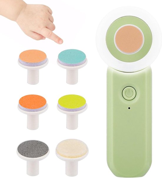 Elektrische Nagelvijl Met Lampje - Groen - Baby Nagelverzorging - Veilig en Zacht voor Baby's - Inclusief 6 Diverse Vijl koppen incl. Polijstkop - Waterbestendig - Manicureset - Baby Cadeau van Calma Kids