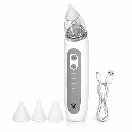 Elektrische Neusaspirator voor Baby’s - 3 Zuigstanden - 3 Siliconen Tips - Oplaadbaar - Muziek - Anti-Terugstroom - Wit