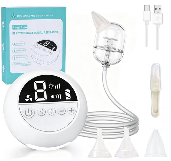 Elektrische neusaspirator voor baby's - Met muziek en nachtlampje - 9 zuigstanden - 3 zuigmondjes - Neusreiniger - Oplaadbaar - ABS - Stil - Wit