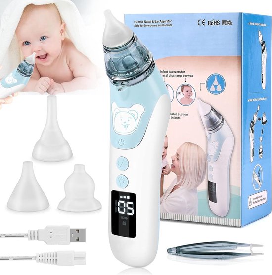Elektrische neusaspirator voor baby's, oplaadbaar via USB, LCD-display, 5 zuigniveaus, 3 siliconen opzetstukken, 3-in-1 neusreiniger. van Merkloos