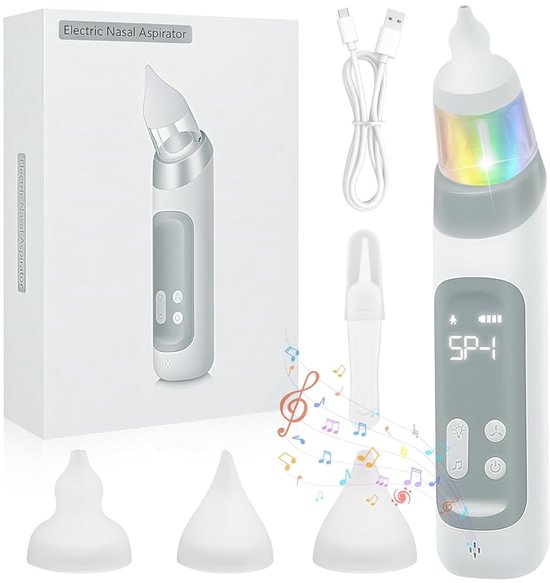 Elektrische Neusreiniger Baby - Baby Neusaspirator met 5 Zuigstanden, 3 Siliconen Opzetstukken, Anti-Terugstroom Systeem, Muziek en Verlichting, USB Oplaadbaar