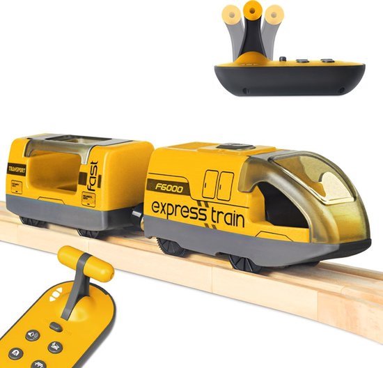 Elektrische trein voor houten rails - Gemotoriseerde trein op afstand bestuurbaar - met 4 geluids- en lichteffecten voor kinderen van 3, 4, 5 en 6 jaar (geel) van Merkloos