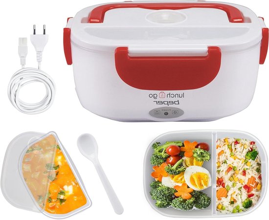 Elektrische Voedselverwarmer - Draagbare Lunchbox - Lunch Opwarmen - Dubbel Compartiment - 1450 ml - Rood