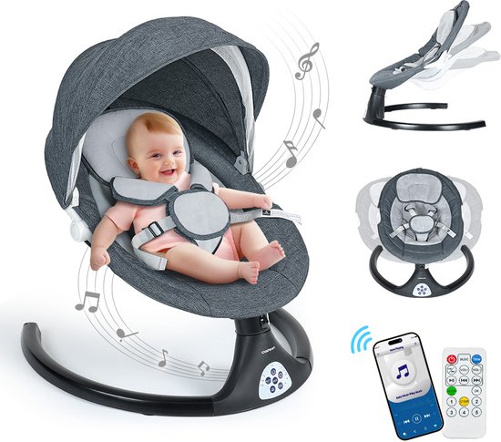 Elektrische Wipstoel - met Timer Afstandsbediening Bluetoothmusic - 5 Zwenksnelheden en 3 Zitposities - Babyschommel - Donkergrijs van Merkloos