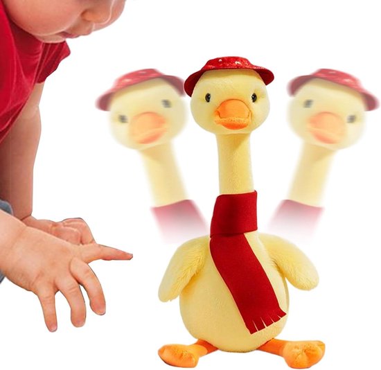 Elektronisch Knuffeldier - Zintuiglijk Spel Interactieve Eend - Kinderen Vermaken - Dansende en Pratende Functie - 31 cm - Geel