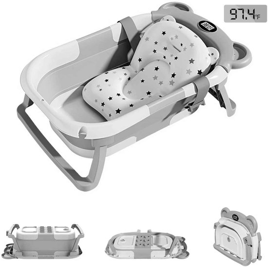 ElevateCommerce - Opvouwbaar Babybadje met Thermometer & Drijvend Kussen – Inklapbaar Baby Badje 0-24 Maanden – Antislip Opvouwbare Badkuip voor Baby en Peuter – Draagbaar Reisbadje Grijs