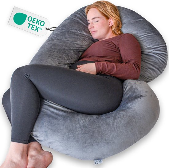 Ella® Zwangerschapskussen XXL C-vorm - Zijslaapkussen - Lichaamskussen - Voedingskussen - Body Pillow - 150x70cm - Afneembare Minky Fleece Hoes, Grijs van Ella®