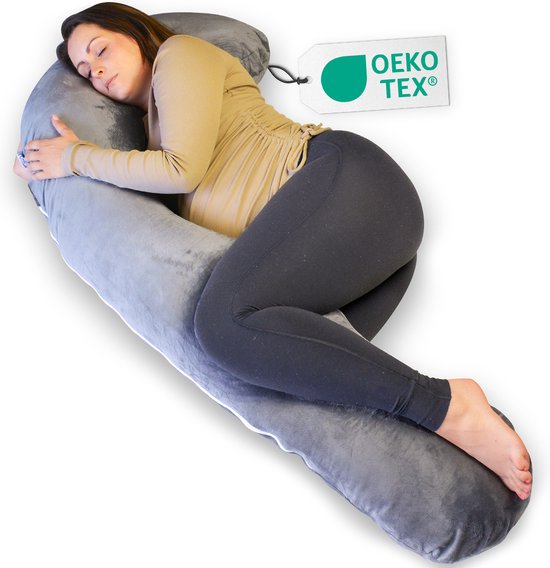 Ella® Zwangerschapskussen XXL J-vorm - Zijslaapkussen - Lichaamskussen - Voedingskussen - Body Pillow - 155cm - Afneembare Minky Fleece Hoes - Grijs van Ella®