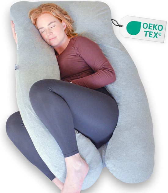 Ella Zwangerschapskussen XXL U-Vorm - Zijslaapkussen - Lichaamskussen - Voedingskussen - Body Pillow - 140x80cm - Afneembare Jersey Katoenen Hoes, Lichtgrijs van Ella Comfort