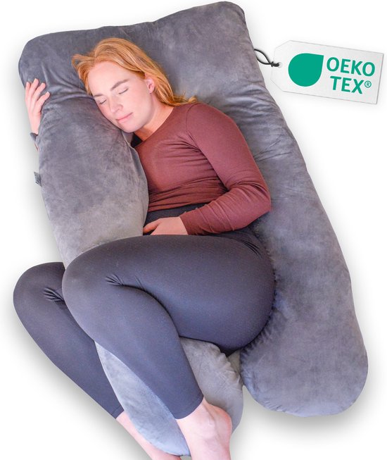 Ella® Zwangerschapskussen XXL U-Vorm - Zijslaapkussen - Lichaamskussen - Voedingskussen - Body Pillow - 140x80cm - Afneembare Minky Fleece Hoes, Grijs van Ella®