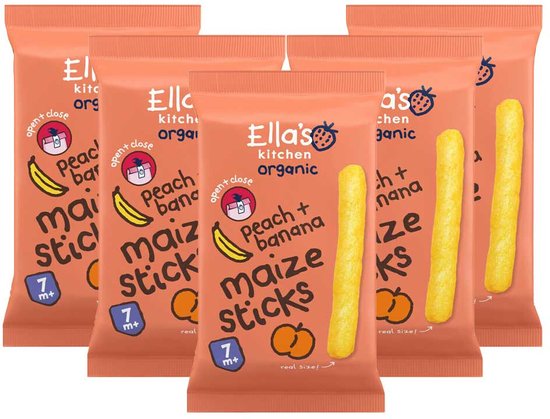 Ella's kitchen Gepoft Smikkelstengels 7+ m Perzik Banaan 16 gr - 5x 16 gr - Voordeelverpakking van Ella's Kitchen