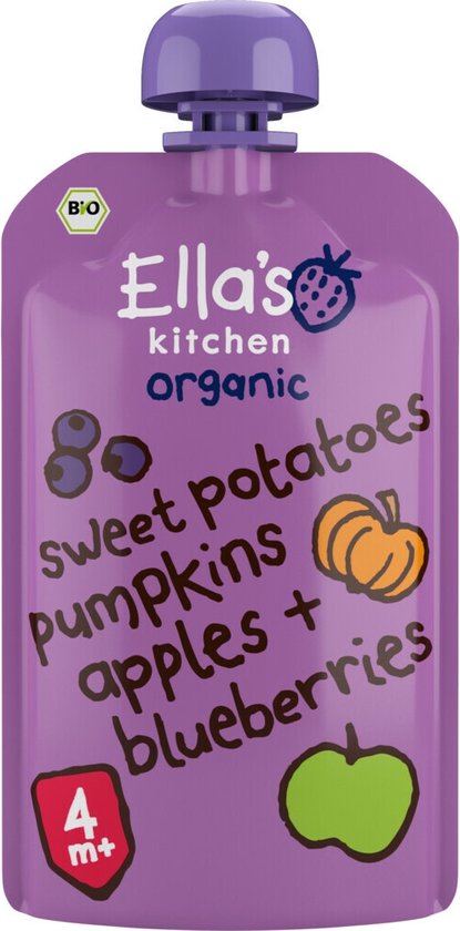 Ella's kitchen Knijpzakje 4+ m Appel Zoete aardappel Pompoen Bosbessen 120 gr - 7x 120 gr - Voordeelverpakking van Ella's Kitchen