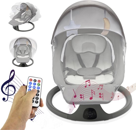 Elovia Elektrische Wipstoel - Muziek en Swing Opties - 5 Punts Gordel - Babyschommel- Schommelstoel - Baby Swing- Grijs- Incl dinnerbord-Extra groot, Tot 15KG van Elovia